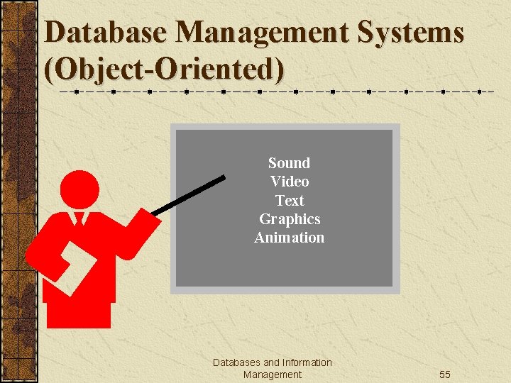 Database Management Systems (Object-Oriented) Sound Video Text Graphics Animation Databases and Information Management 55