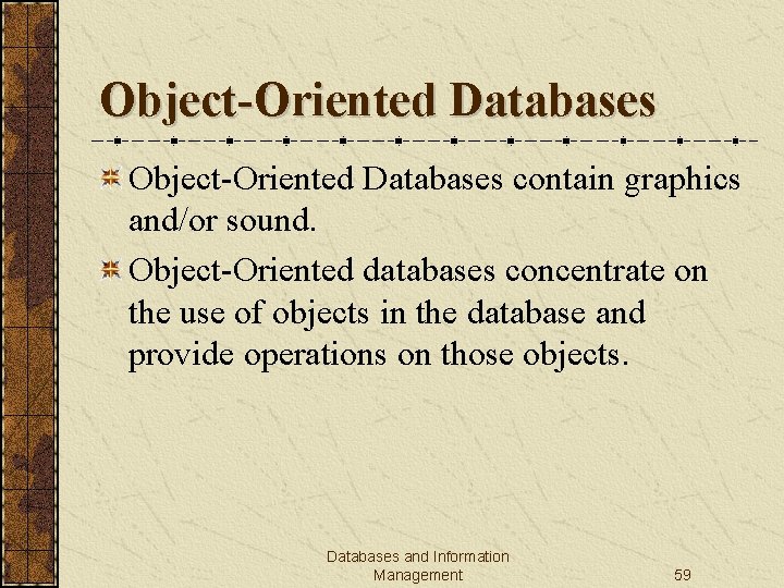 Object-Oriented Databases contain graphics and/or sound. Object-Oriented databases concentrate on the use of objects