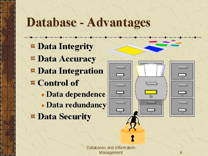 Database - Advantages Data Integrity Data Accuracy Data Integration Control of Data dependence Data