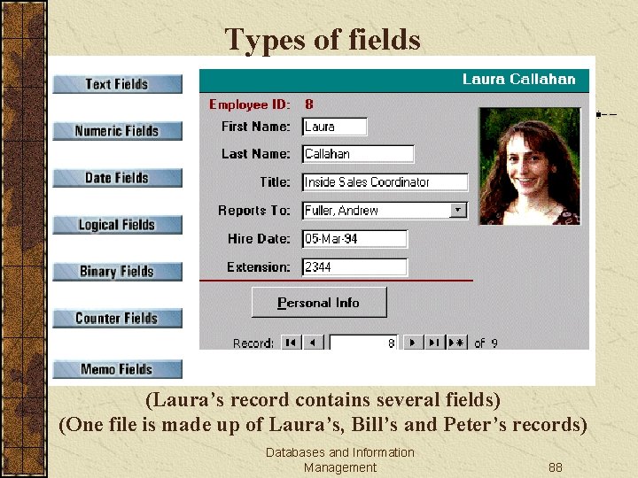 Types of fields (Laura’s record contains several fields) (One file is made up of