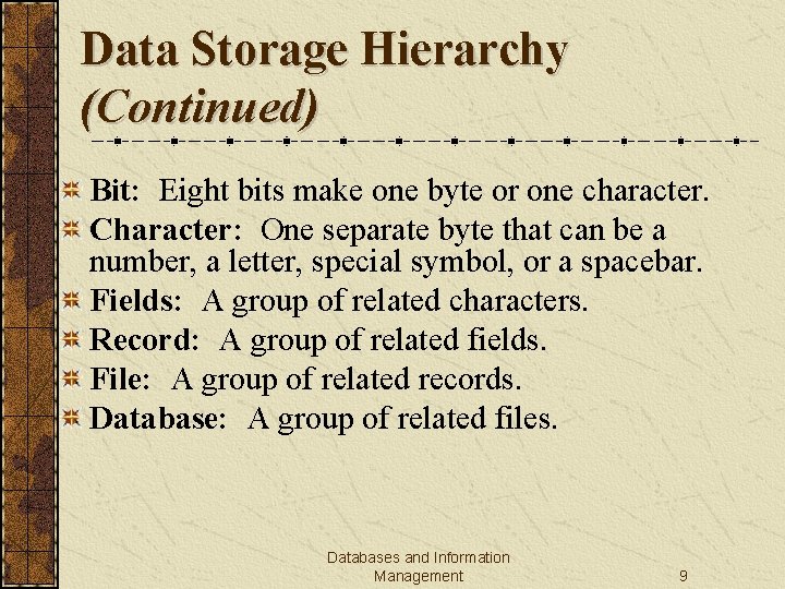 Data Storage Hierarchy (Continued) Bit: Eight bits make one byte or one character. Character: