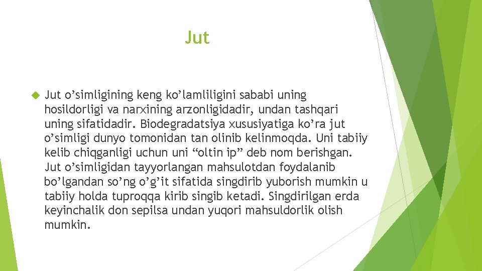 Jut o’simligining keng ko’lamliligini sababi uning hosildorligi va narxining arzonligidadir, undan tashqari uning sifatidadir. Jut o’simligining keng ko’lamliligini sababi uning hosildorligi va narxining arzonligidadir, undan tashqari uning sifatidadir.