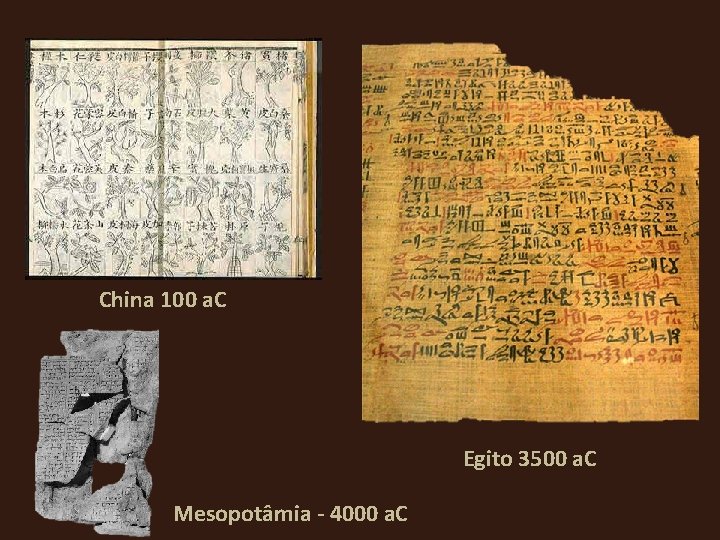 China 100 a. C Egito 3500 a. C Mesopotâmia - 4000 a. C 