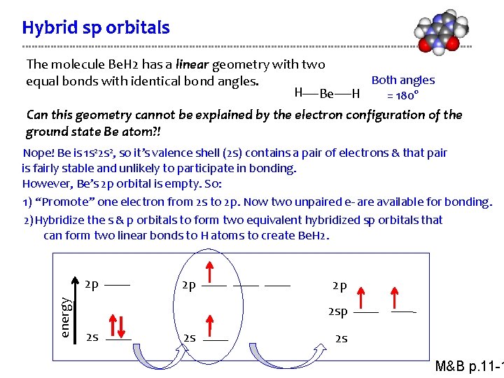 Hybrid sp orbitals The molecule Be. H 2 has a linear geometry with two