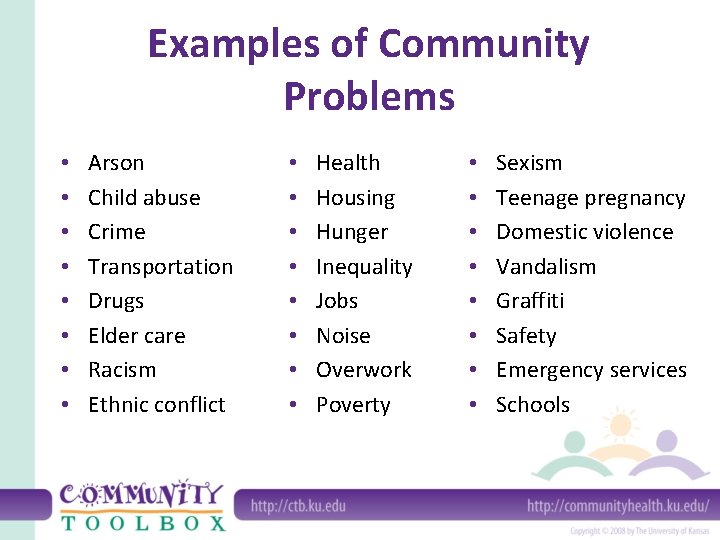 Examples of Community Problems • • Arson Child abuse Crime Transportation Drugs Elder care