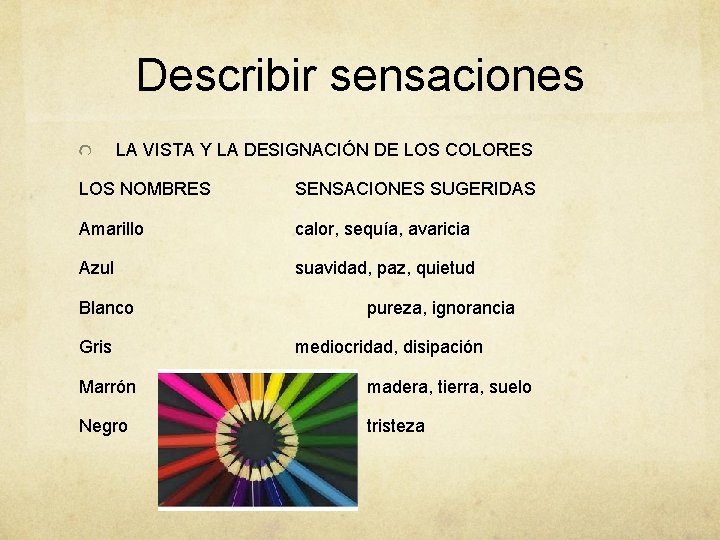 Describir sensaciones LA VISTA Y LA DESIGNACIÓN DE LOS COLORES LOS NOMBRES SENSACIONES SUGERIDAS