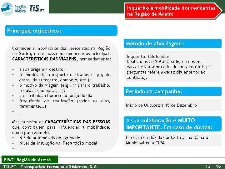 Inquérito à mobilidade dos residentes na Região de Aveiro Principais objectivos: Conhecer a mobilidade