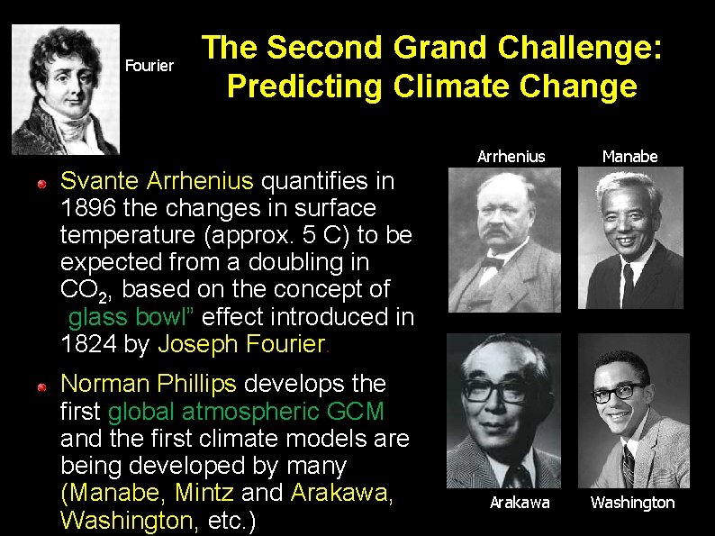 Fourier The Second Grand Challenge: Predicting Climate Change Arrhenius Manabe Svante Arrhenius quantifies in