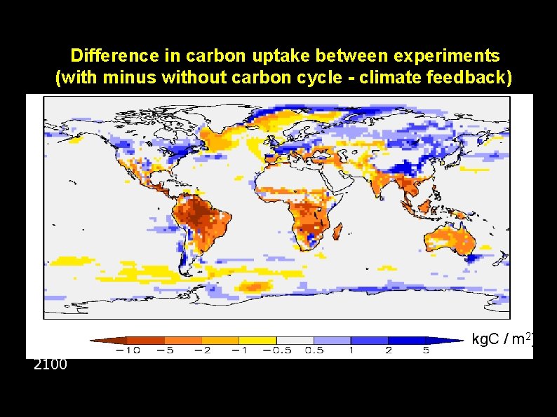 Difference in carbon uptake between experiments (with minus without carbon cycle - climate feedback)