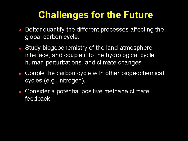 Challenges for the Future Better quantify the different processes affecting the global carbon cycle.