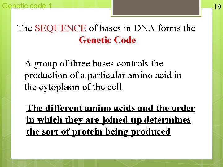 Genetic code 1 The SEQUENCE of bases in DNA forms the Genetic Code A