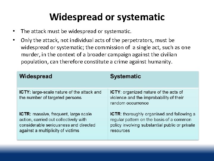 Widespread or systematic • The attack must be widespread or systematic. • Only the