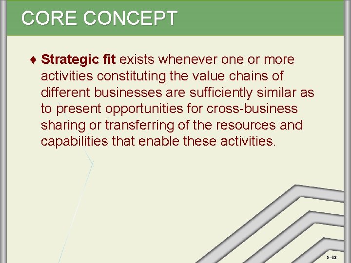 CORE CONCEPT ♦ Strategic fit exists whenever one or more activities constituting the value