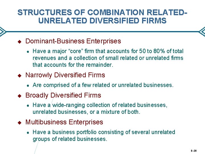 STRUCTURES OF COMBINATION RELATEDUNRELATED DIVERSIFIED FIRMS Dominant-Business Enterprises ● Narrowly Diversified Firms ● Are