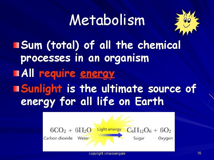 Metabolism Sum (total) of all the chemical processes in an organism All require energy