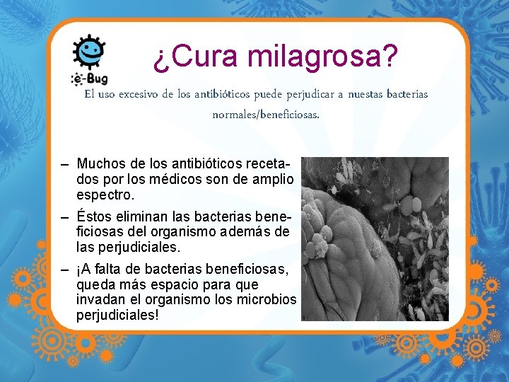 ¿Cura milagrosa? El uso excesivo de los antibióticos puede perjudicar a nuestas bacterias normales/beneficiosas.