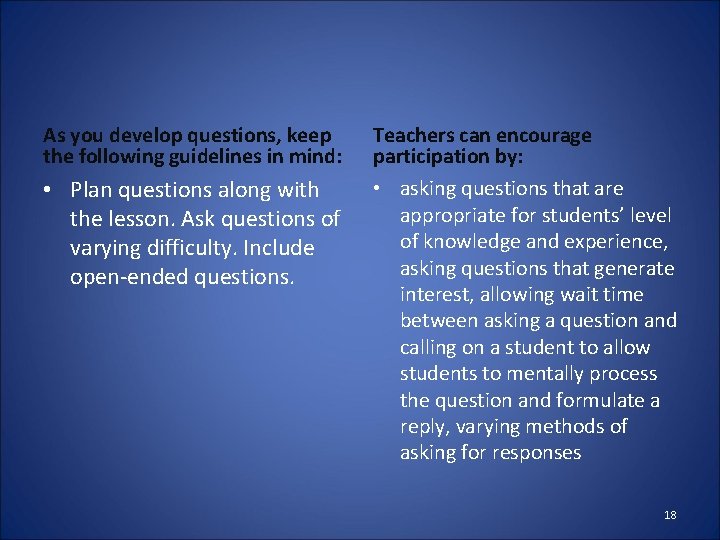 As you develop questions, keep the following guidelines in mind: • Plan questions along