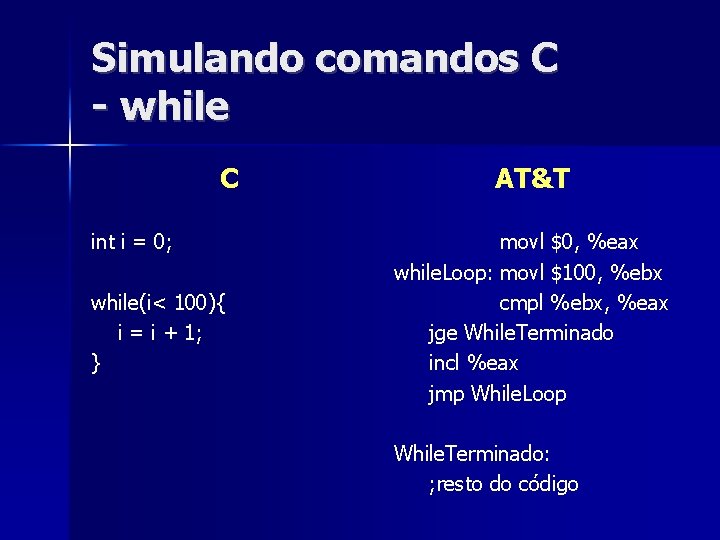 Simulando comandos C - while C int i = 0; while(i< 100){ i =