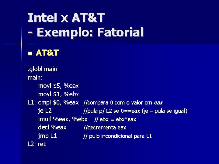 Intel x AT&T - Exemplo: Fatorial AT&T . globl main: movl $5, %eax movl