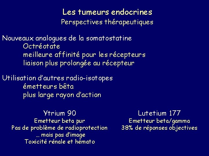 Les tumeurs endocrines Perspectives thérapeutiques Nouveaux analogues de la somatostatine Octréotate meilleure affinité pour