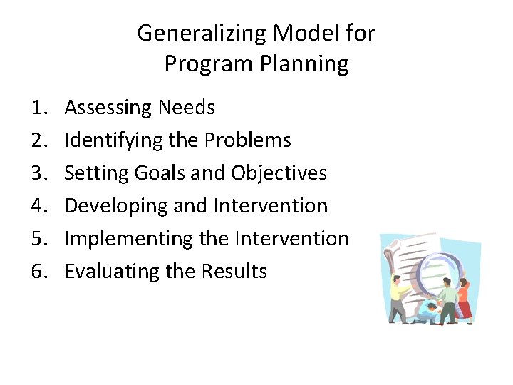 Generalizing Model for Program Planning 1. 2. 3. 4. 5. 6. Assessing Needs Identifying