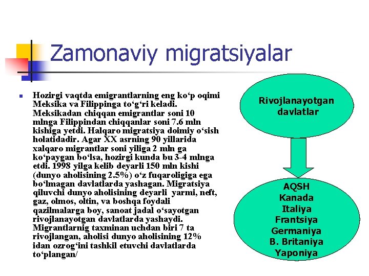 Zamonaviy migratsiyalar n Hоzirgi vаqtdа emigrаntlаrning eng ko‘p оqimi Mеksikа vа Filippingа to‘g‘ri kеlаdi.