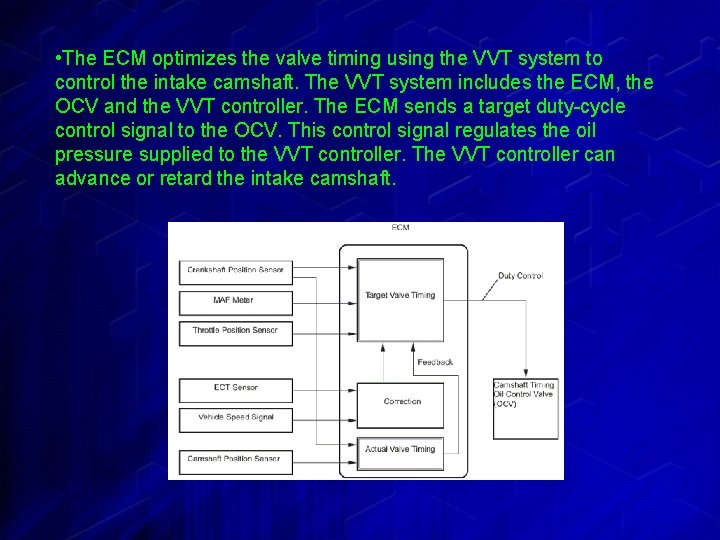  • The ECM optimizes the valve timing using the VVT system to control