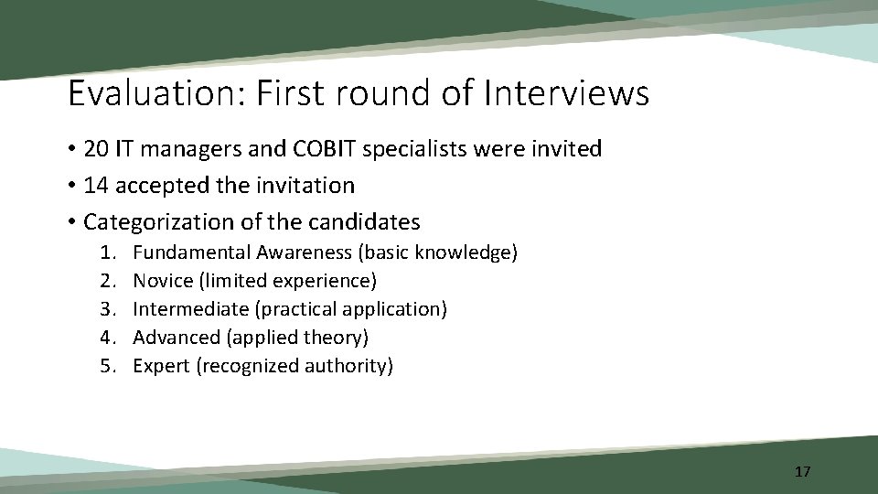 Evaluation: First round of Interviews • 20 IT managers and COBIT specialists were invited