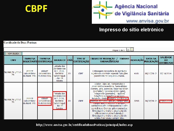 CBPF Impresso do sítio eletrônico http: //www. anvisa. gov. br/certificado. Boas. Praticas/principal/index. asp 