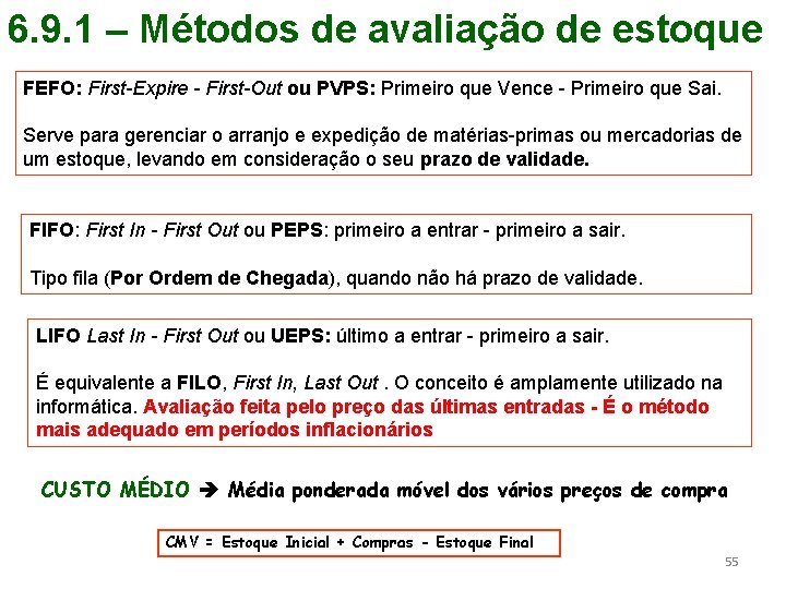 6. 9. 1 – Métodos de avaliação de estoque FEFO: First-Expire - First-Out ou