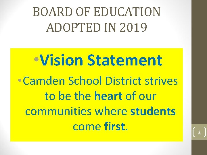 BOARD OF EDUCATION ADOPTED IN 2019 • Vision Statement • Camden School District strives