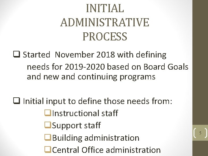 INITIAL ADMINISTRATIVE PROCESS q Started November 2018 with defining needs for 2019 -2020 based