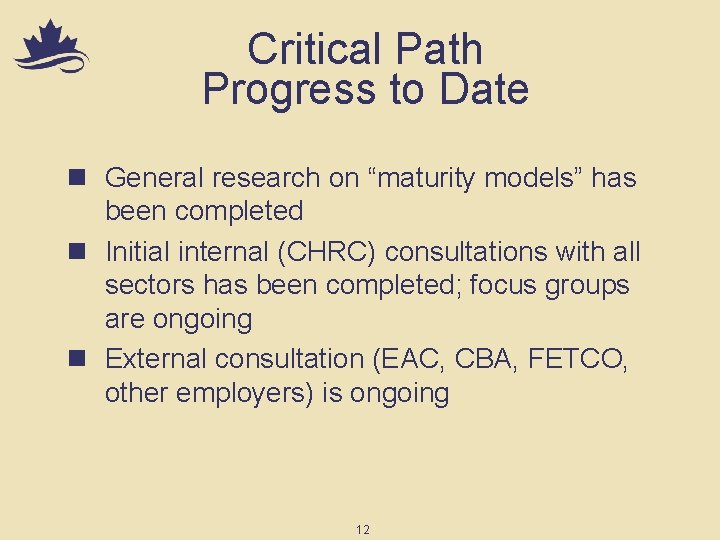 Critical Path Progress to Date n General research on “maturity models” has been completed