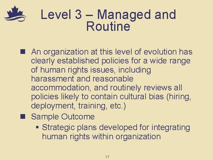 Level 3 – Managed and Routine n An organization at this level of evolution