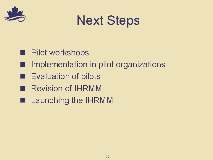 Next Steps n n n Pilot workshops Implementation in pilot organizations Evaluation of pilots