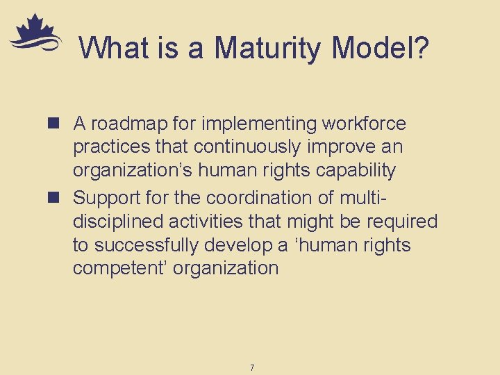 What is a Maturity Model? n A roadmap for implementing workforce practices that continuously