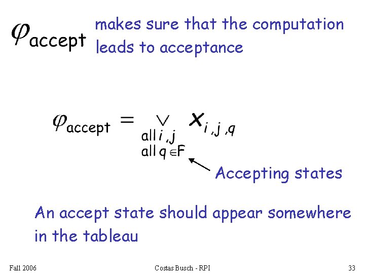 makes sure that the computation leads to acceptance Accepting states An accept state should