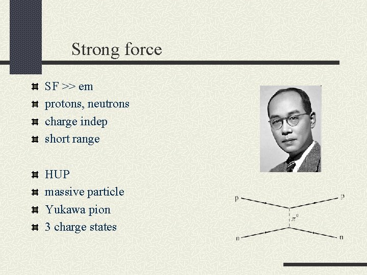 Strong force SF >> em protons, neutrons charge indep short range HUP massive particle