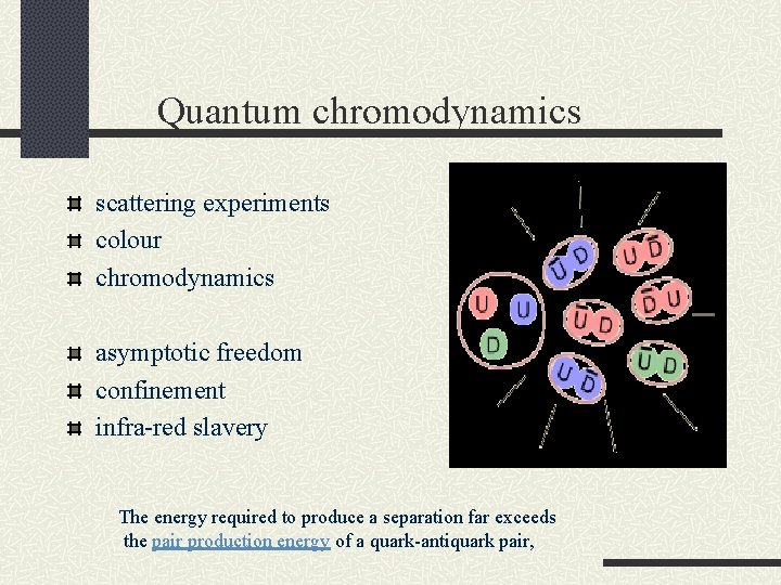 Quantum chromodynamics scattering experiments colour chromodynamics asymptotic freedom confinement infra-red slavery The energy required