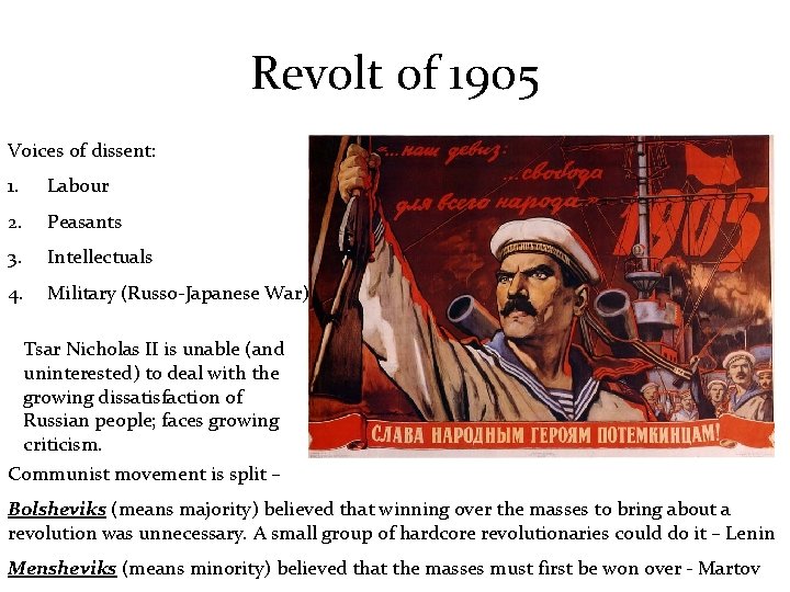 Revolt of 1905 Voices of dissent: 1. Labour 2. Peasants 3. Intellectuals 4. Military