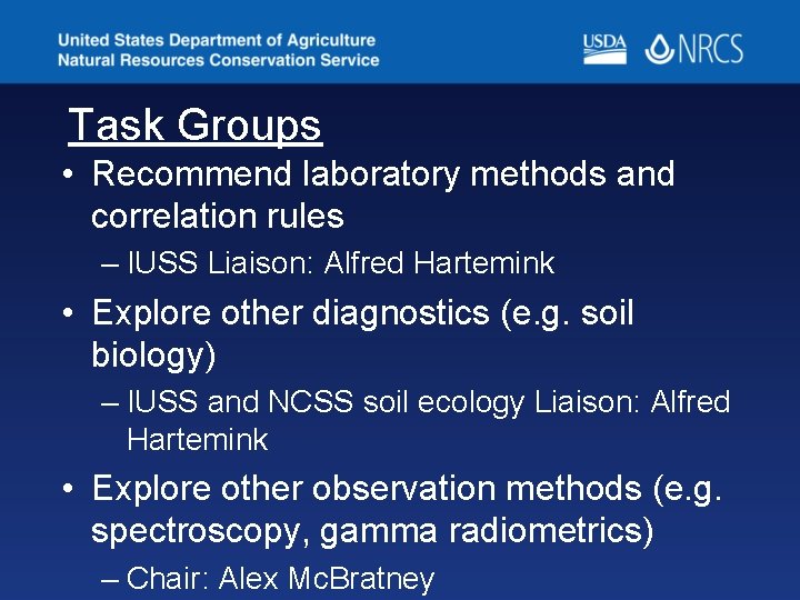Task Groups • Recommend laboratory methods and correlation rules – IUSS Liaison: Alfred Hartemink