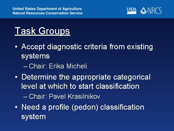 Task Groups • Accept diagnostic criteria from existing systems – Chair: Erika Micheli •