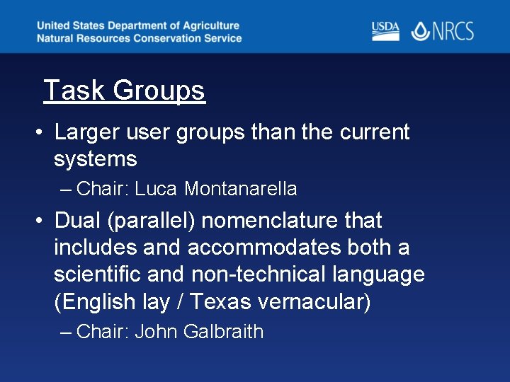 Task Groups • Larger user groups than the current systems – Chair: Luca Montanarella