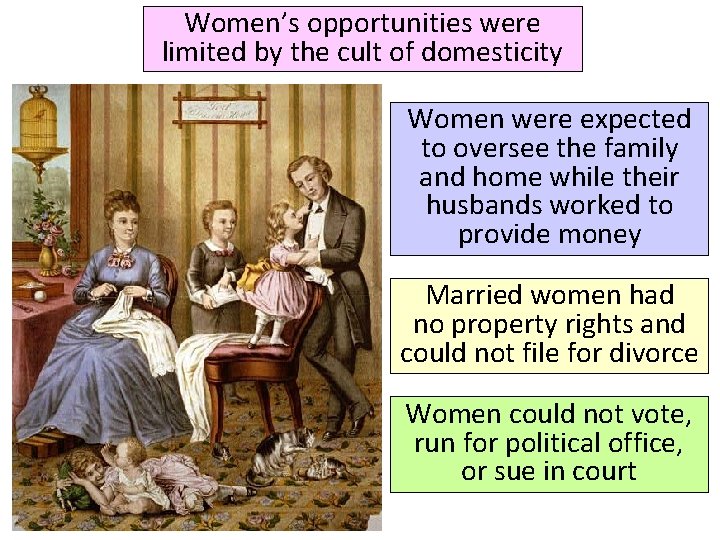 Women’s opportunities were limited by the cult of domesticity Women were expected to oversee