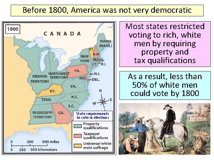 Before 1800, America was not very democratic Most states restricted voting to rich, white