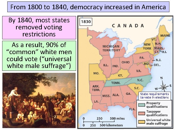 From 1800 to 1840, democracy increased in America By 1840, most states removed voting