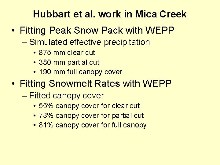 Hubbart et al. work in Mica Creek • Fitting Peak Snow Pack with WEPP