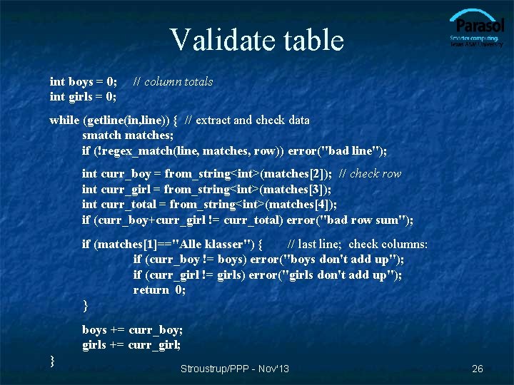 Validate table int boys = 0; int girls = 0; // column totals while