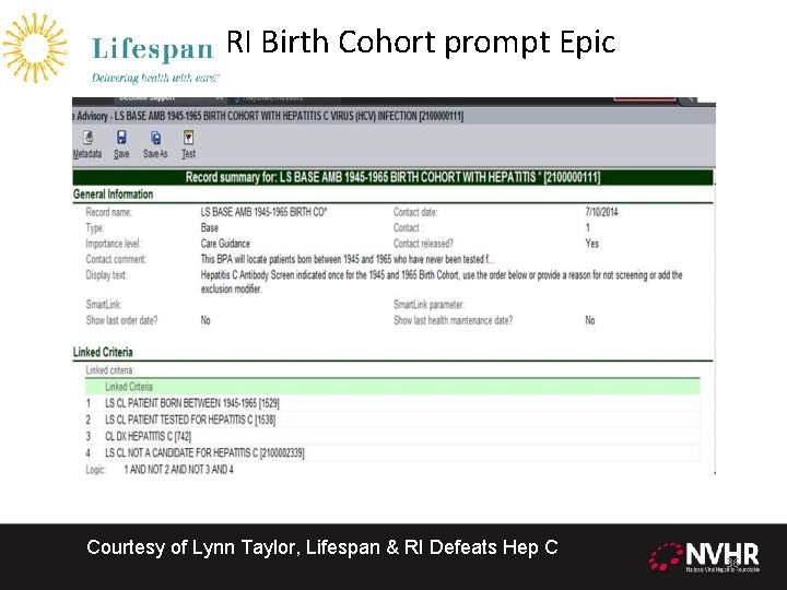  RI Birth Cohort prompt Epic Courtesy of Lynn Taylor, Lifespan & RI Defeats