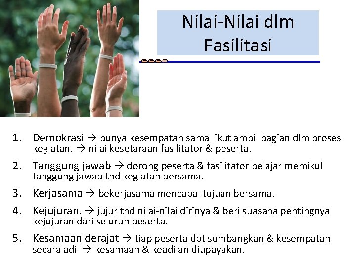 Nilai-Nilai dlm Fasilitasi 1. Demokrasi punya kesempatan sama ikut ambil bagian dlm proses kegiatan. Nilai-Nilai dlm Fasilitasi 1. Demokrasi punya kesempatan sama ikut ambil bagian dlm proses kegiatan.